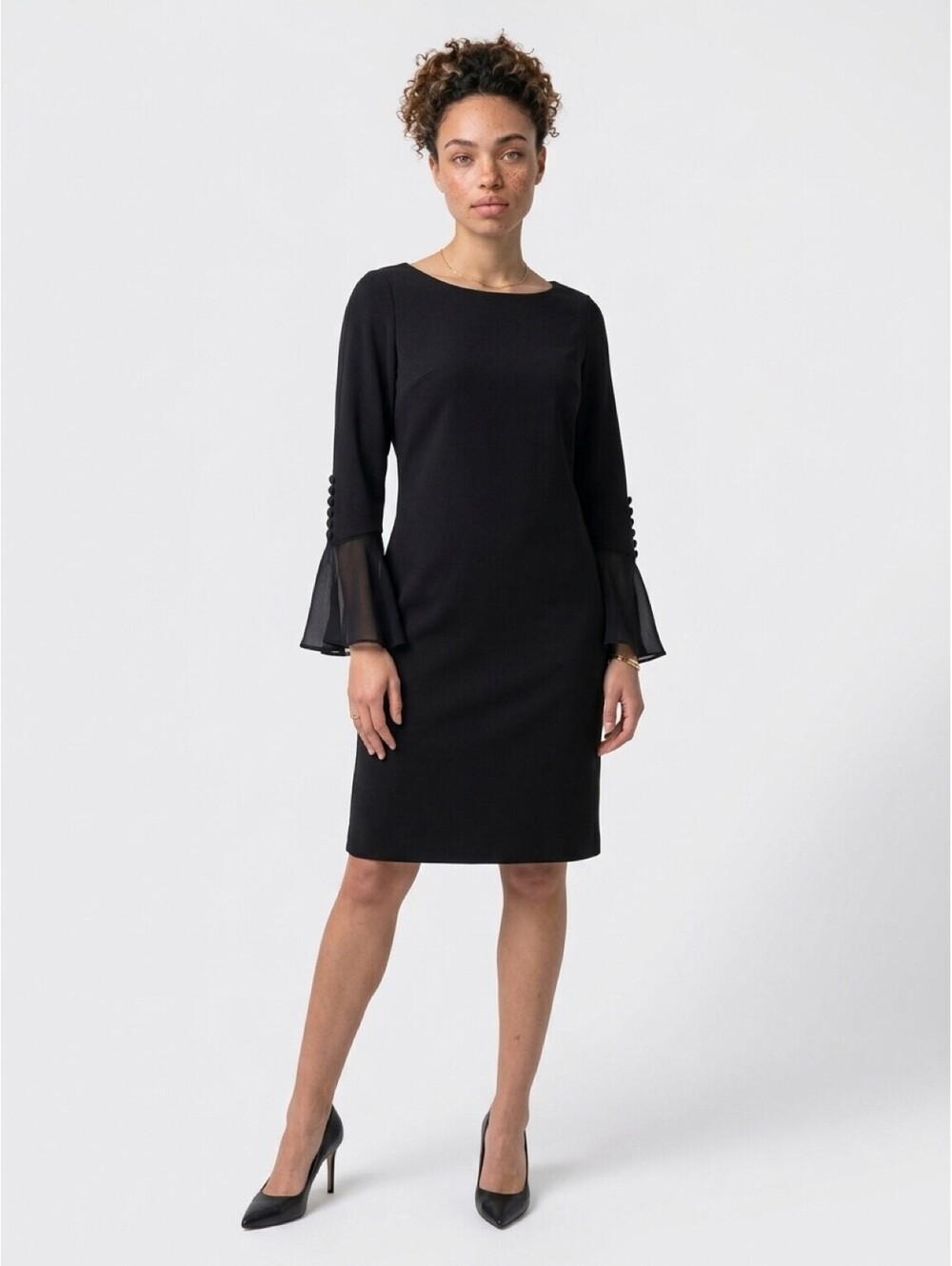 Calvin Klein Black Sheath Dress with Flared Sleeves and Button Detail Size 14
